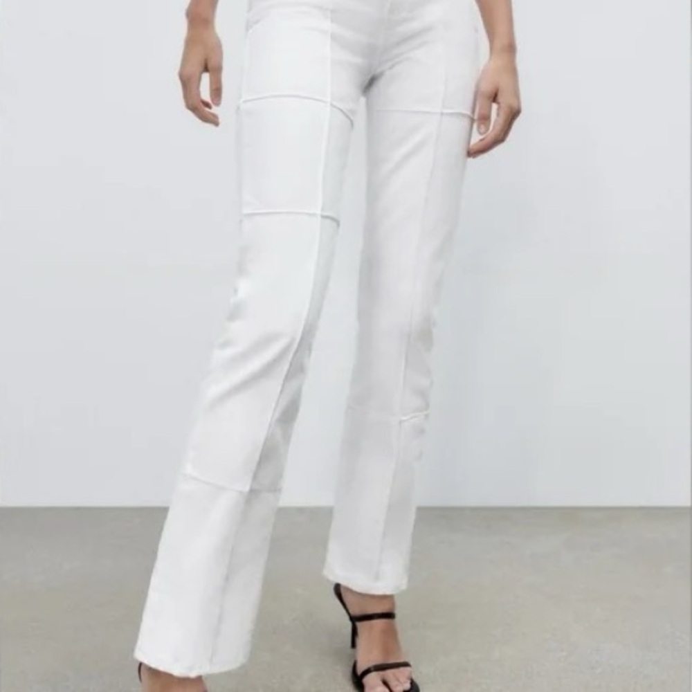 Zara Patchwork Straight Leg White Jeans